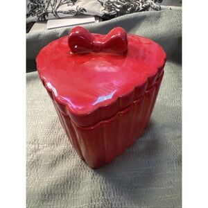 Red Pink Ceramic Iridescent Lustreware Heart with Bow Trinket Keepsake Box